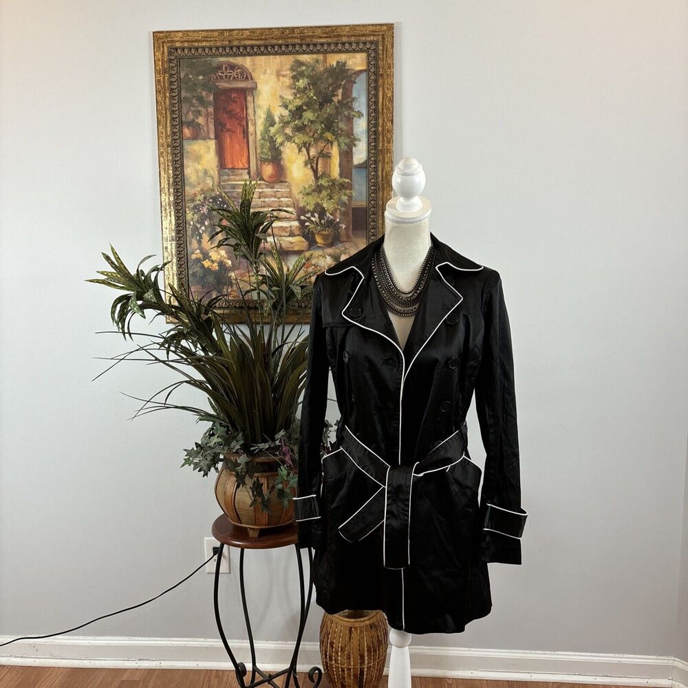iz Byer California Black Trench Jacket S Padded Shoulder Pockets Button Front